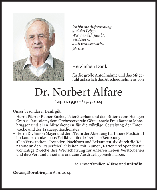 Todesanzeige von Norbert Alfare von Vorarlberger Nachrichten