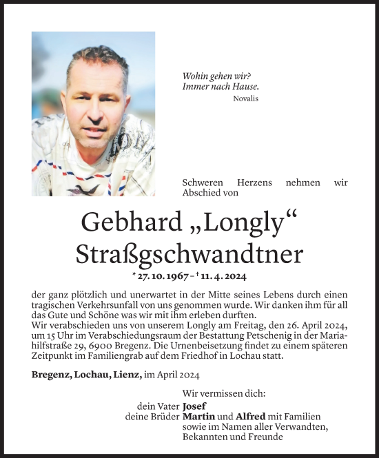 Todesanzeige von Gebhard Straßgschwandtner von Vorarlberger Nachrichten