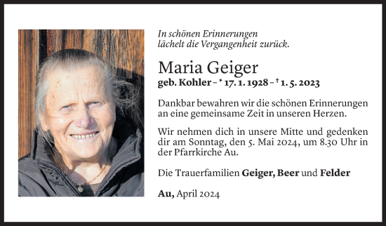 Todesanzeige von Maria Geiger von Vorarlberger Nachrichten