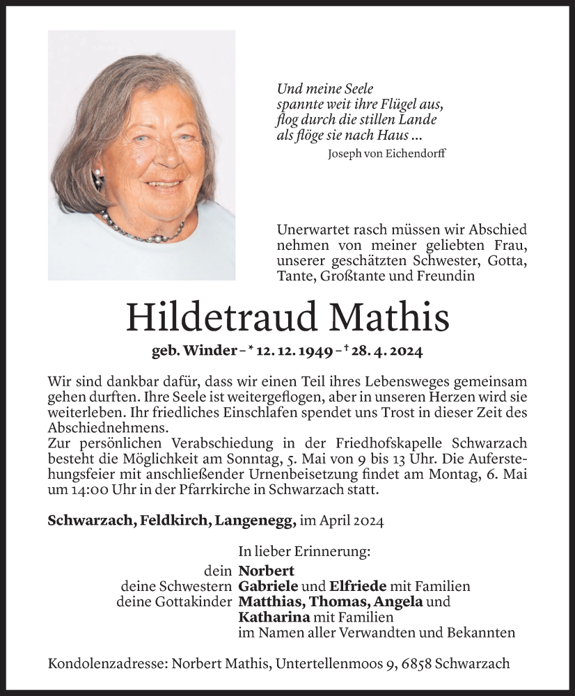  Todesanzeige für Hildetraud Mathis vom 01.05.2024 aus Vorarlberger Nachrichten