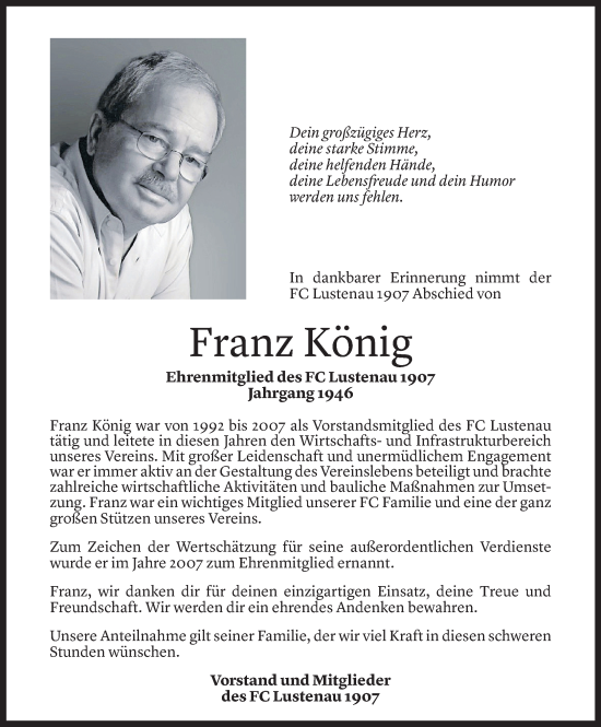 Todesanzeige von Franz König von Vorarlberger Nachrichten