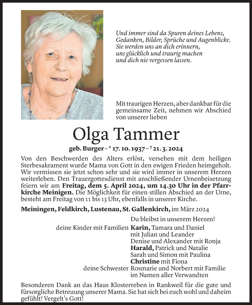  Todesanzeige für Olga Tammer vom 02.04.2024 aus Vorarlberger Nachrichten