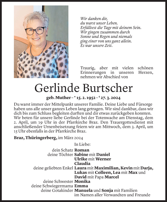 Todesanzeige von Gerlinde Burtscher von Vorarlberger Nachrichten