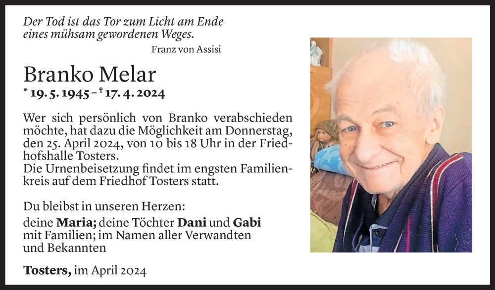  Todesanzeige für Branko Melar vom 23.04.2024 aus Vorarlberger Nachrichten