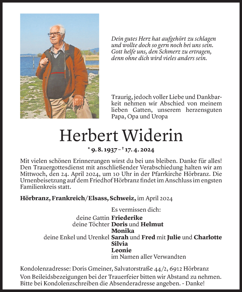  Todesanzeige für Herbert Widerin vom 20.04.2024 aus Vorarlberger Nachrichten