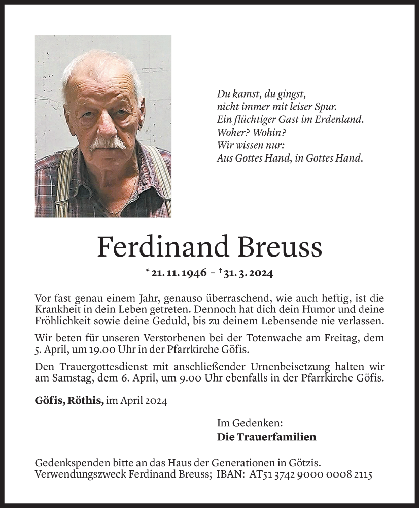  Todesanzeige für Ferdinand Breuss vom 03.04.2024 aus Vorarlberger Nachrichten