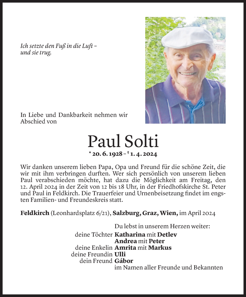  Todesanzeige für Paul Solti vom 09.04.2024 aus Vorarlberger Nachrichten