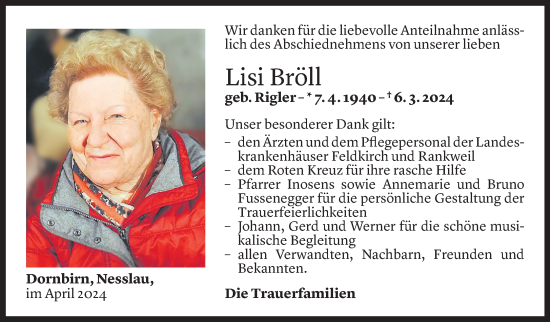 Todesanzeige von Lieselotte Bröll von Vorarlberger Nachrichten