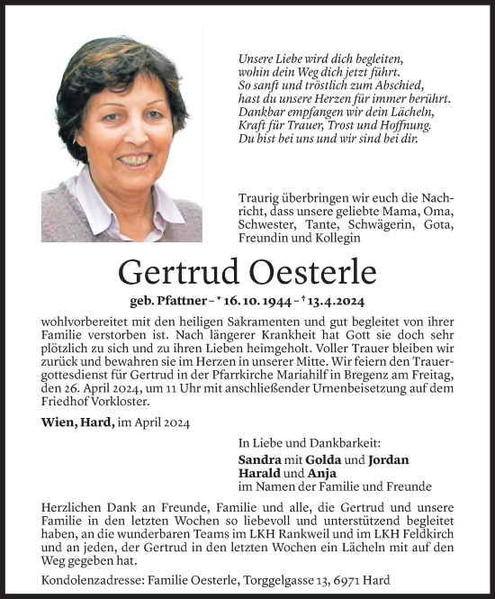 Todesanzeige von Gertrud Oesterle von Vorarlberger Nachrichten