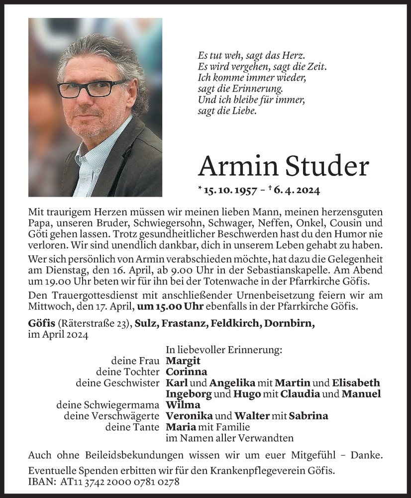  Todesanzeige für Armin Studer vom 12.04.2024 aus Vorarlberger Nachrichten