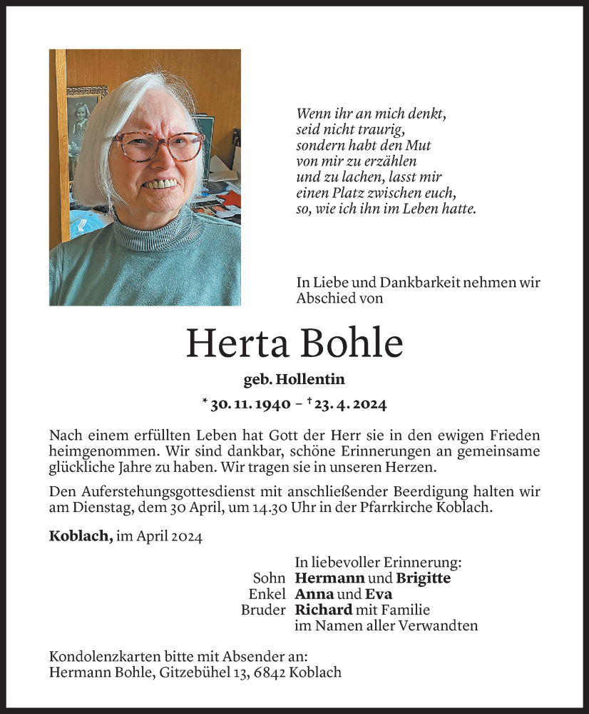  Todesanzeige für Herta Bohle vom 26.04.2024 aus Vorarlberger Nachrichten