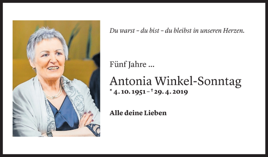 Todesanzeige von Antonia Maria Winkel-Sonntag von Vorarlberger Nachrichten