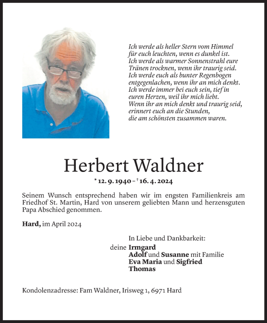 Todesanzeige von Herbert Waldner von Vorarlberger Nachrichten