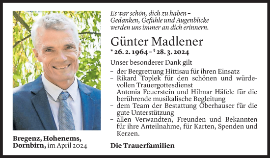 Todesanzeige von Günter Madlener von Vorarlberger Nachrichten