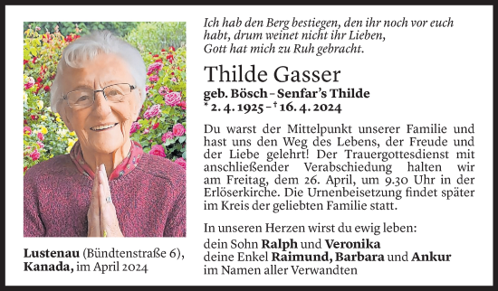 Todesanzeige von Thilde Gasser von Vorarlberger Nachrichten