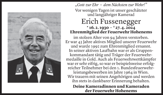 Todesanzeige von Erich Fussenegger von Vorarlberger Nachrichten