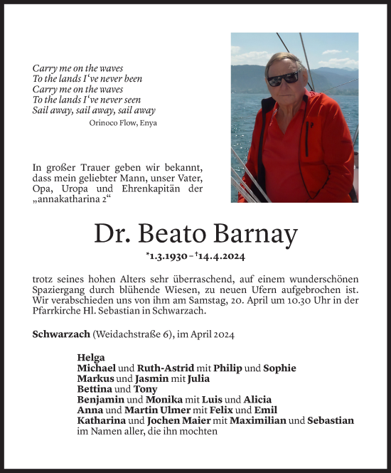 Todesanzeige von Beato Barnay von Vorarlberger Nachrichten