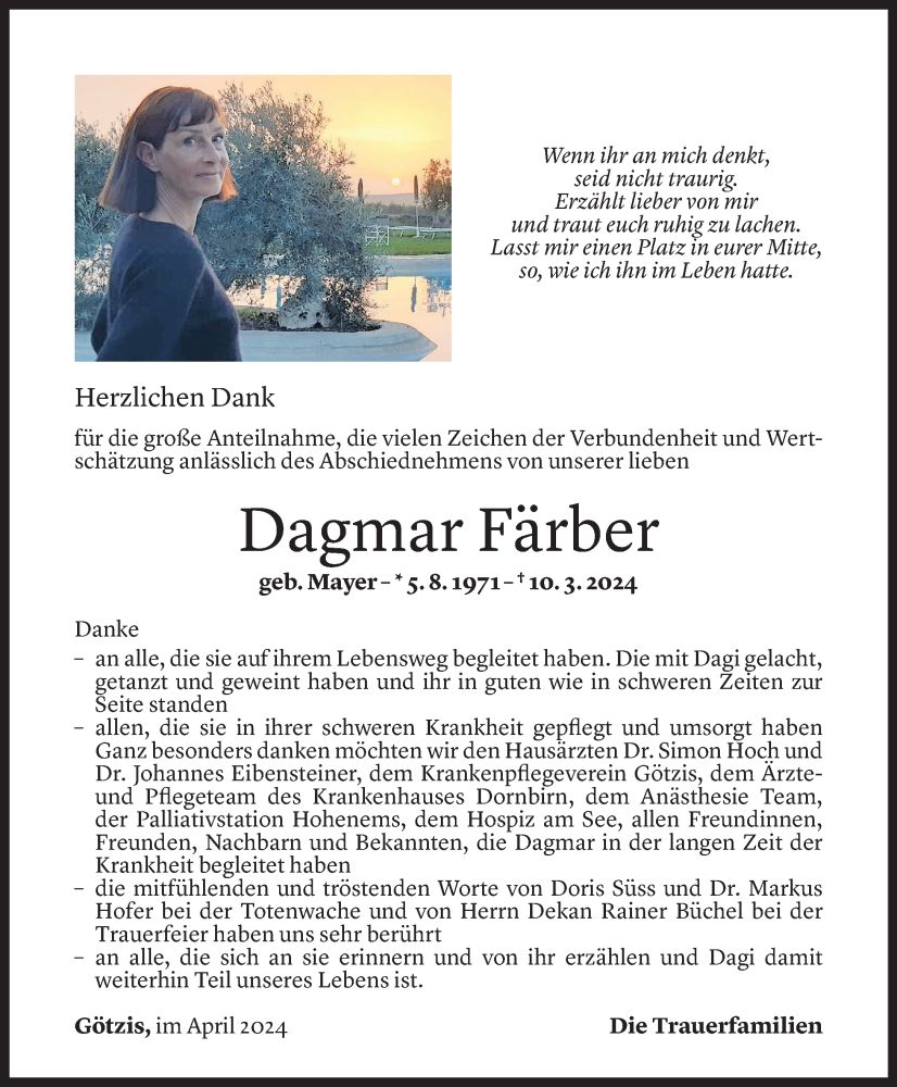  Todesanzeige für Dagmar Färber vom 20.04.2024 aus Vorarlberger Nachrichten