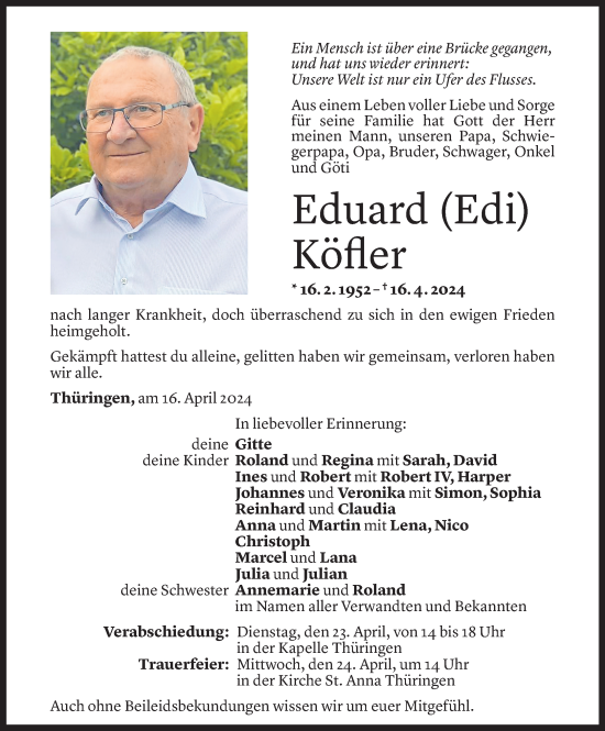 Todesanzeige von Eduard Köfler von Vorarlberger Nachrichten
