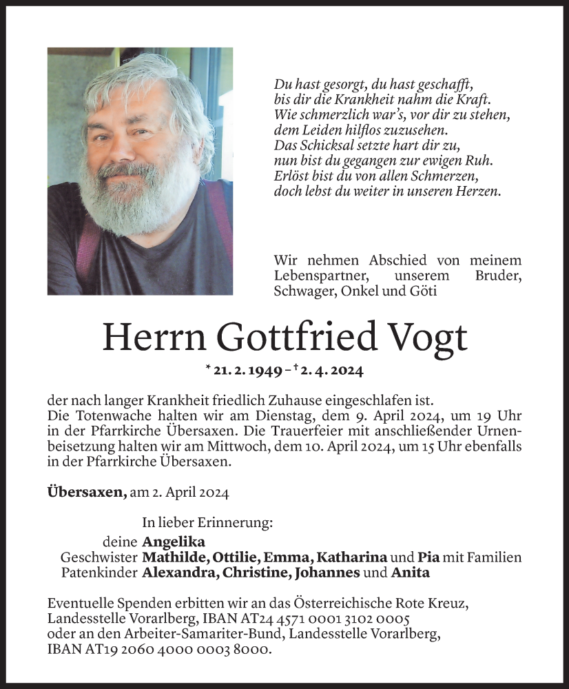  Todesanzeige für Gottfried Vogt vom 05.04.2024 aus Vorarlberger Nachrichten