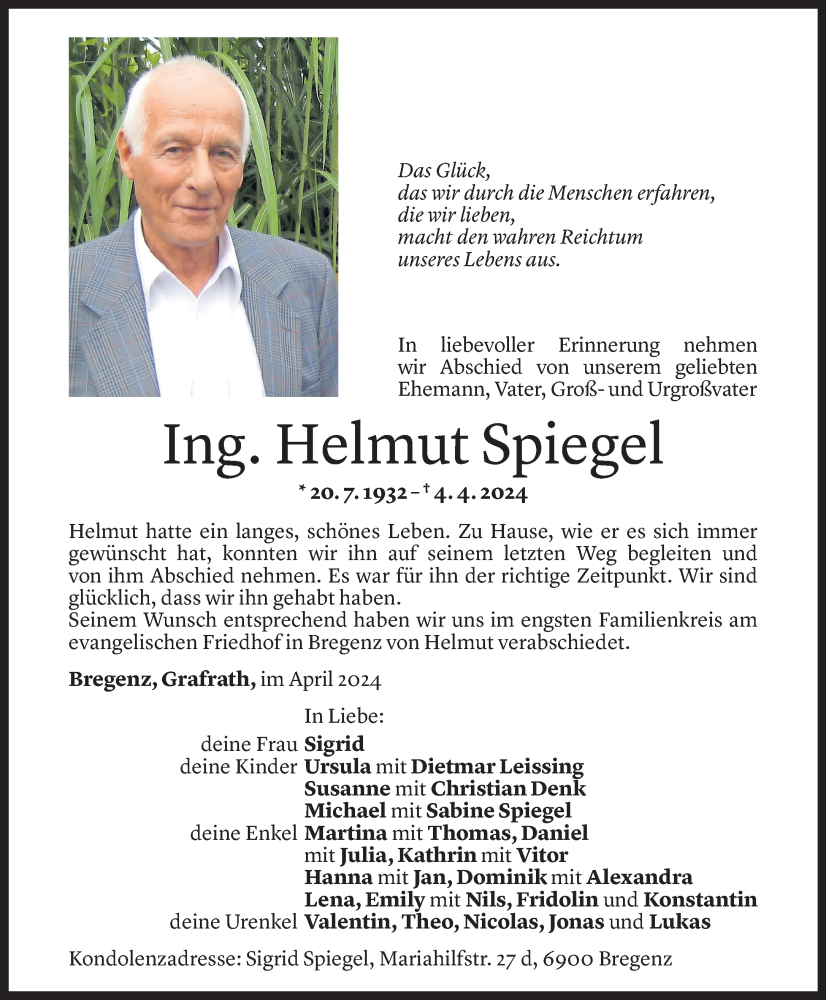  Todesanzeige für Helmut Spiegel vom 12.04.2024 aus Vorarlberger Nachrichten