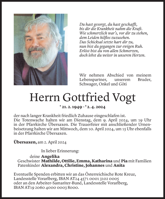Todesanzeige von Gottfried Vogt von Vorarlberger Nachrichten