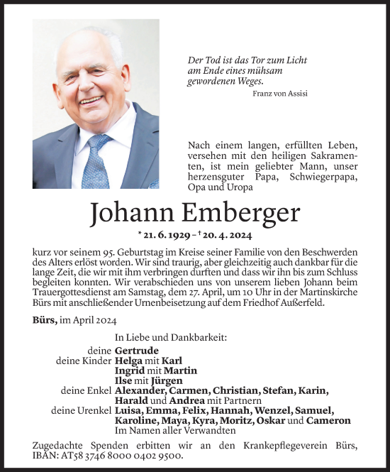 Todesanzeige von Johann Emberger von Vorarlberger Nachrichten
