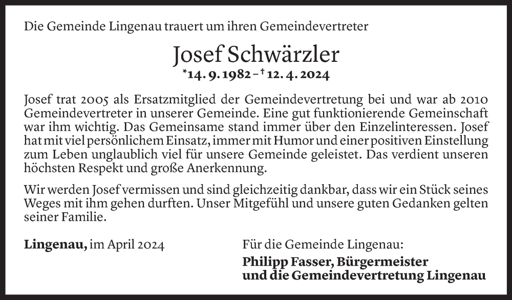  Todesanzeige für Josef Schwärzler vom 17.04.2024 aus Vorarlberger Nachrichten