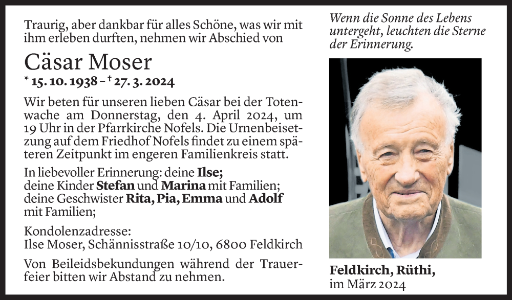  Todesanzeige für Cäsar Moser vom 02.04.2024 aus Vorarlberger Nachrichten