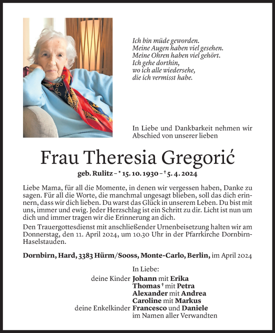 Todesanzeige von Theresia Gregoric von Vorarlberger Nachrichten