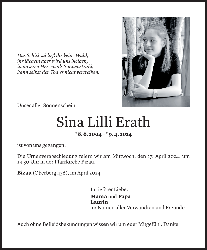  Todesanzeige für Sina Lilli Erath vom 16.04.2024 aus Vorarlberger Nachrichten