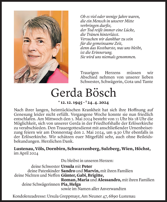 Todesanzeige von Gerda Bösch von Vorarlberger Nachrichten