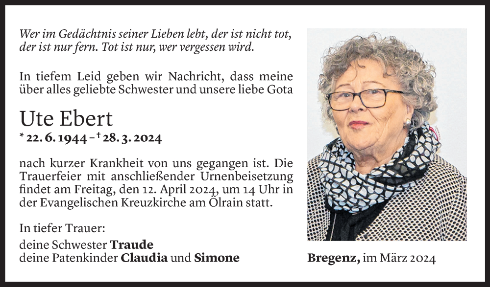 Todesanzeige für Ute Ebert vom 05.04.2024 aus Vorarlberger Nachrichten