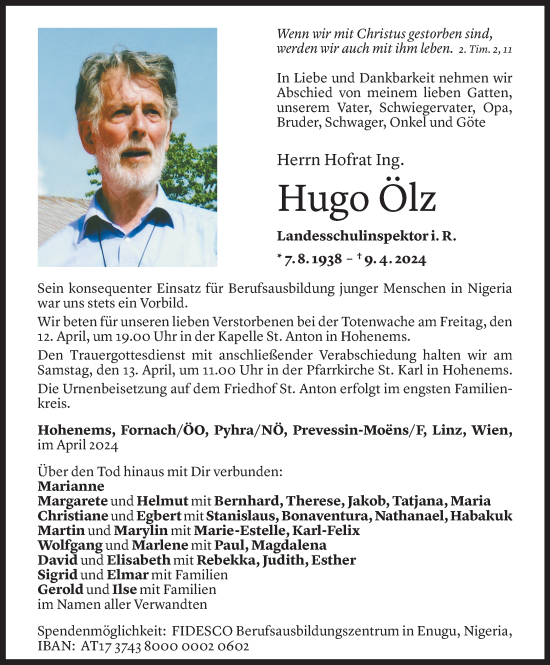 Todesanzeige von Hugo Ölz von Vorarlberger Nachrichten