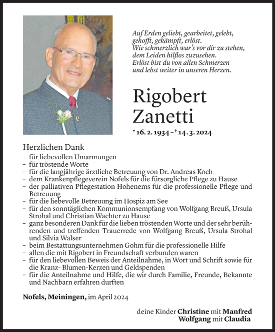 Todesanzeige von Rigobert Zanetti von Vorarlberger Nachrichten