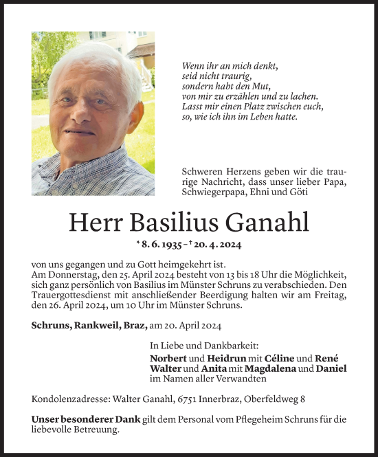 Todesanzeige von Basilius Ganahl von Vorarlberger Nachrichten