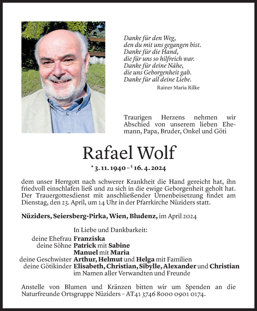  Todesanzeige für Rafael Wolf vom 19.04.2024 aus Vorarlberger Nachrichten