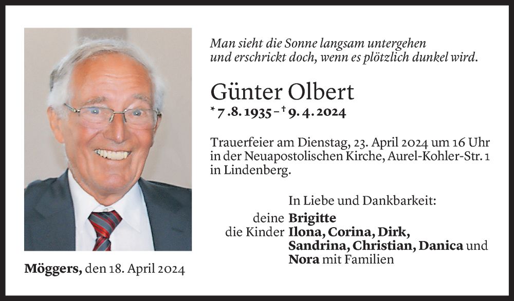  Todesanzeige für Günter Olbert vom 18.04.2024 aus Vorarlberger Nachrichten