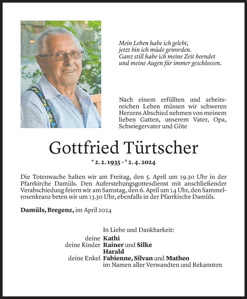  Todesanzeige für Gottfried Türtscher vom 04.04.2024 aus Vorarlberger Nachrichten