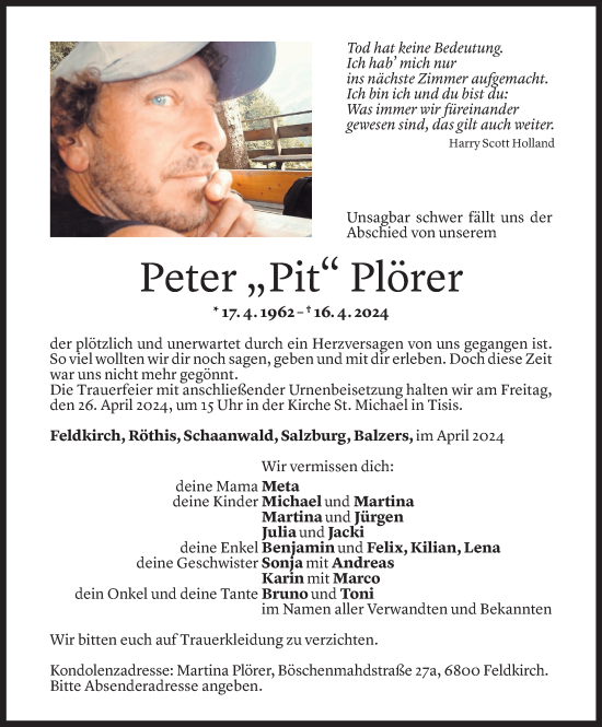 Todesanzeige von Peter Plörer von Vorarlberger Nachrichten