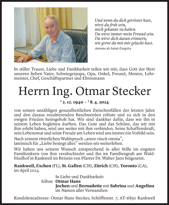 Todesanzeige von Otmar Stecker von Vorarlberger Nachrichten