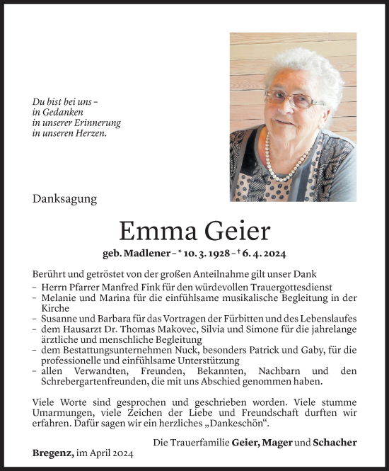 Todesanzeige von Emma Geier von Vorarlberger Nachrichten