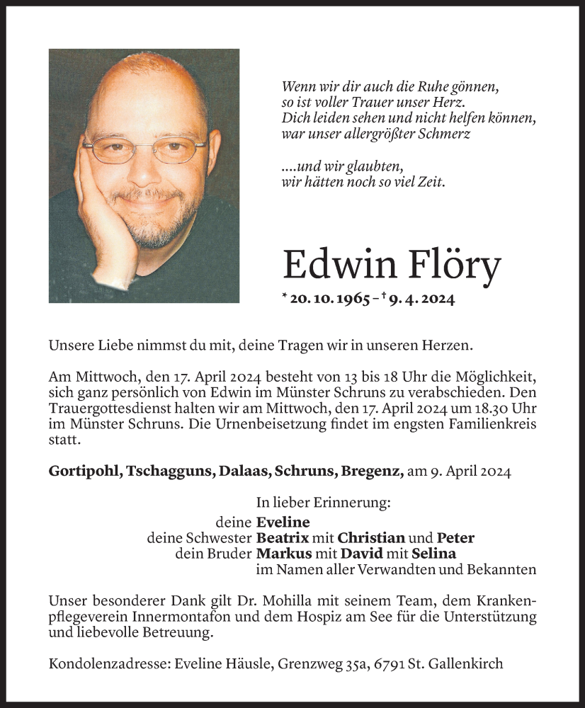 Todesanzeige für Edwin Flöry vom 12.04.2024 aus Vorarlberger Nachrichten