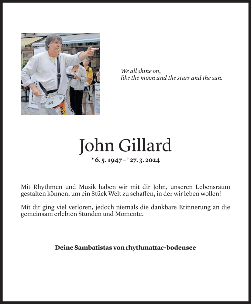  Todesanzeige für John Gillard vom 11.04.2024 aus Vorarlberger Nachrichten