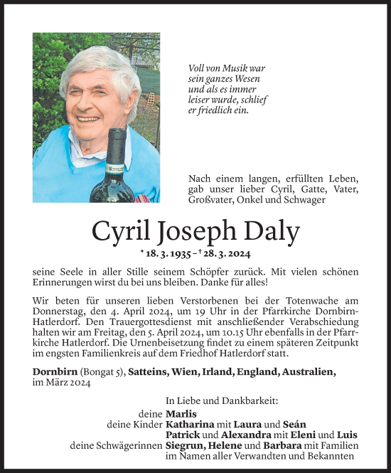 Todesanzeige von Cyril Daly von Vorarlberger Nachrichten