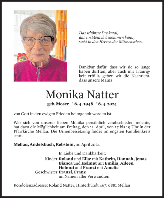 Todesanzeige von Monika Natter von Vorarlberger Nachrichten
