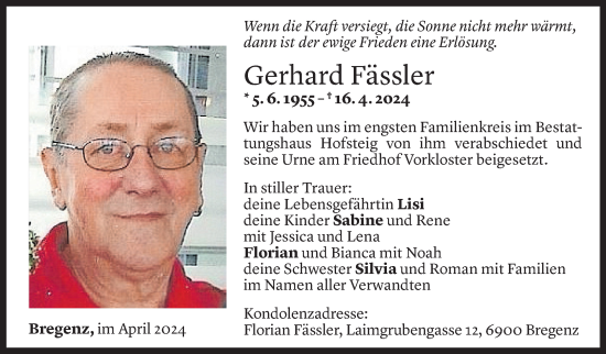 Todesanzeige von Gerhard Fässler von Vorarlberger Nachrichten