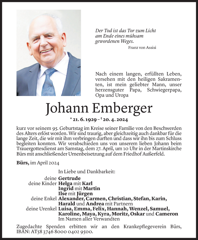  Todesanzeige für Johann Emberger vom 24.04.2024 aus Vorarlberger Nachrichten
