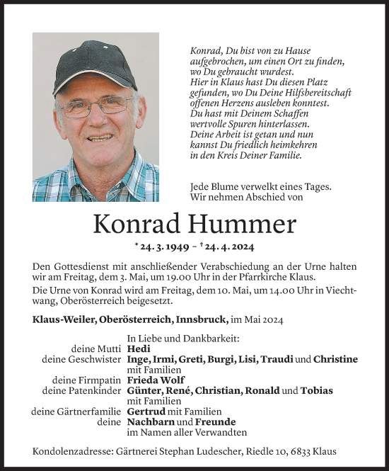 Todesanzeige von Konrad Hummer von Vorarlberger Nachrichten
