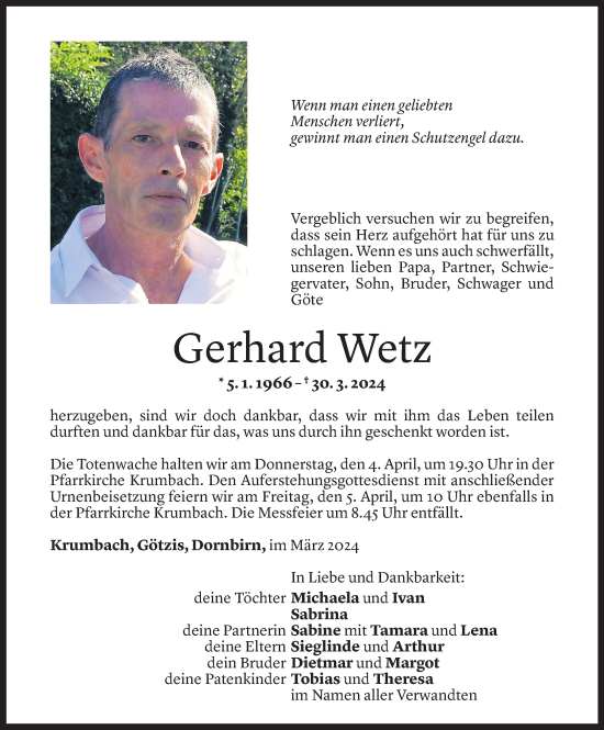 Todesanzeige von Gerhard Wetz von Vorarlberger Nachrichten